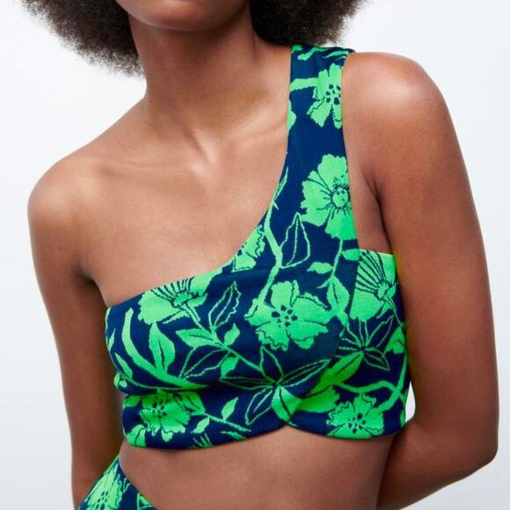Zara Navy and Bright Green One-Shoulder Floral Crop Top